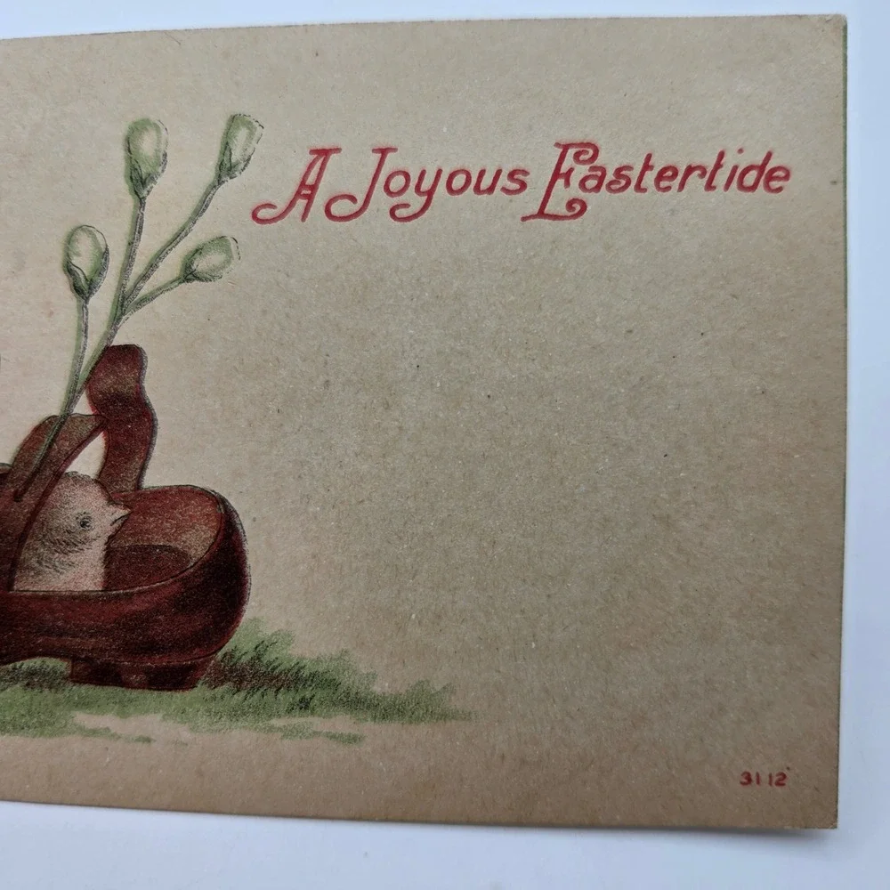 Antique Easter Postcard A Joyous Eastertide Chicks in Shoe 1 Cent Ben Franklin